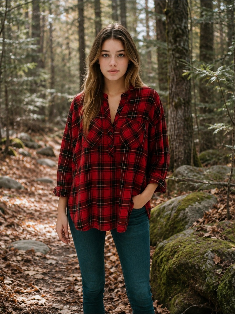 Free People intimately free flannel plaid oversized tunic/dress black and red XS